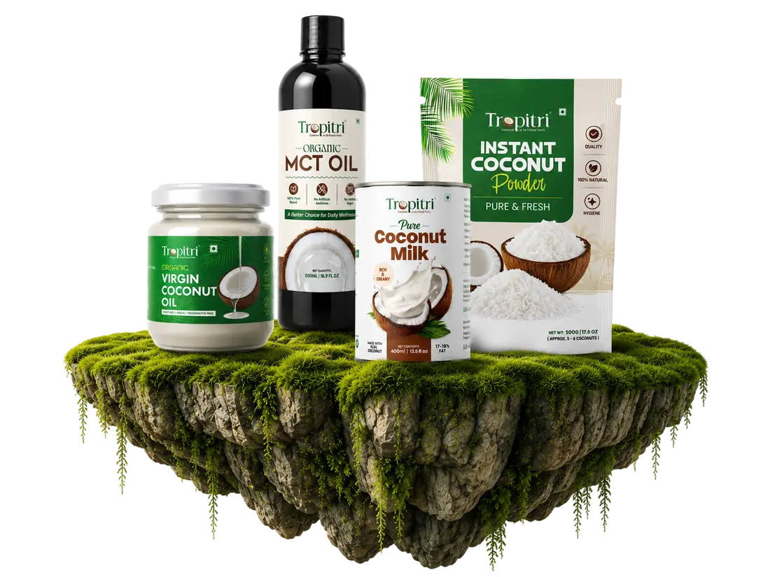 Tropitri coconut milk, oil, powder and MCT oil